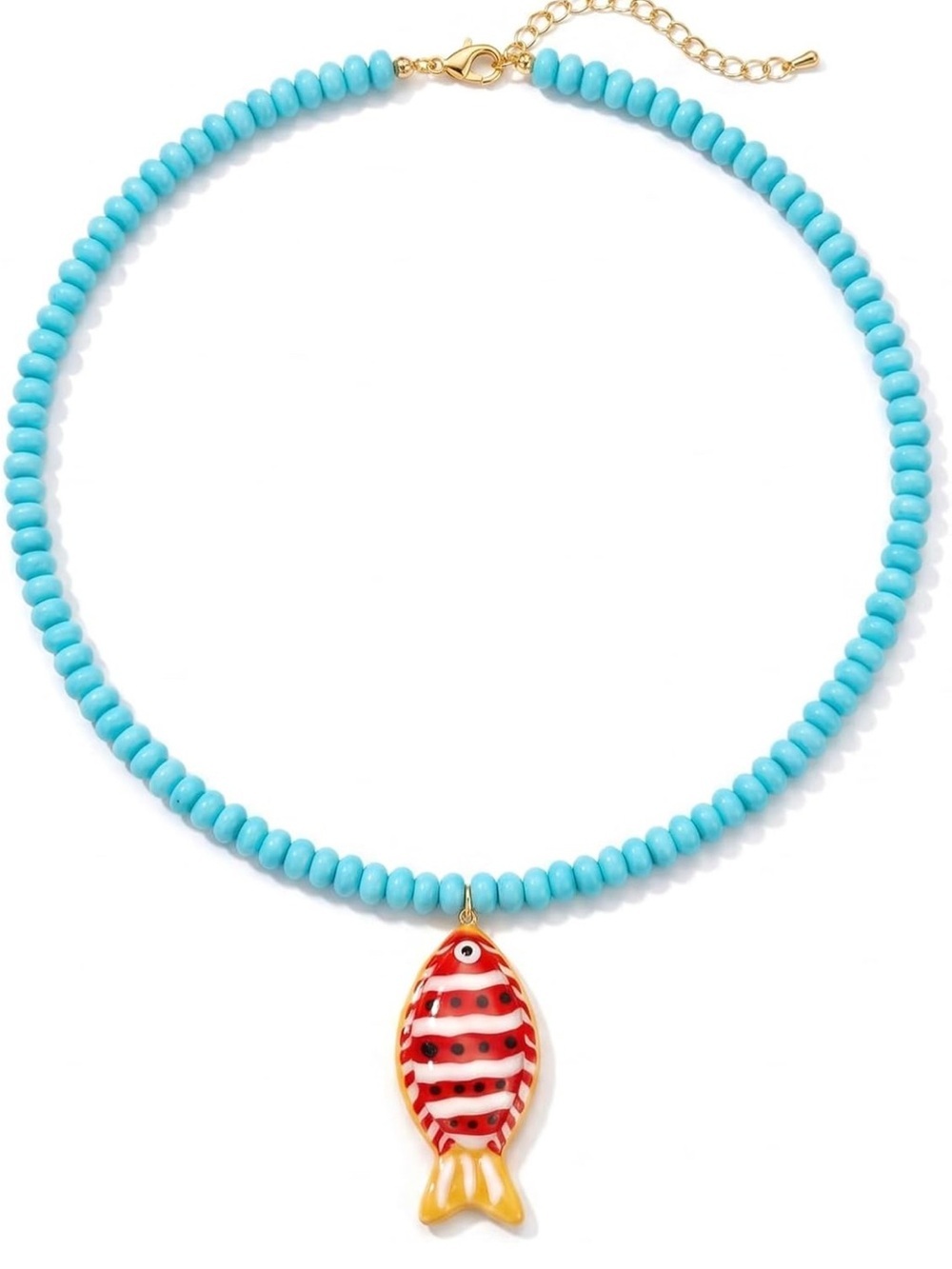 Turquoise Color Bead Necklace with Red and Yellow Fish Pendant